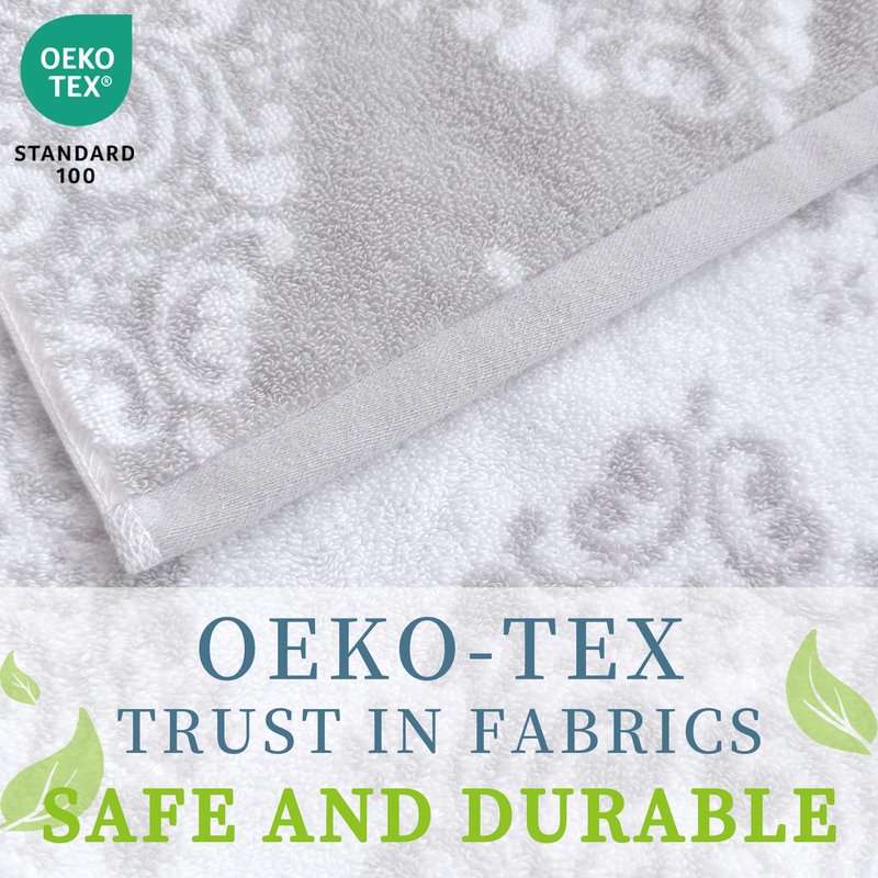 Gray Wash Cloths, Jacquard Washcloths 6 Pack 13"x13" - 100% Cotton | Quick Dry | Thick | Soft | Absorb, Luxury Face Towels for Bathroom & Showering, Jacquard Washcloth Set, Grey + White Damask Pattern