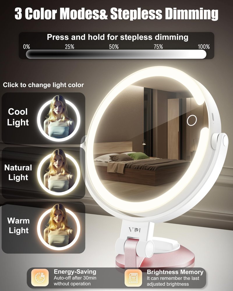 vpu 15X/1X Wall Mounted Magnifying Makeup Mirror with Power Suction Cup, Rechargeable Double Sided Regular HD/Magnification 3 Color Modes Adjustable Brightness Mirror with Lights for Bathroom, Travel