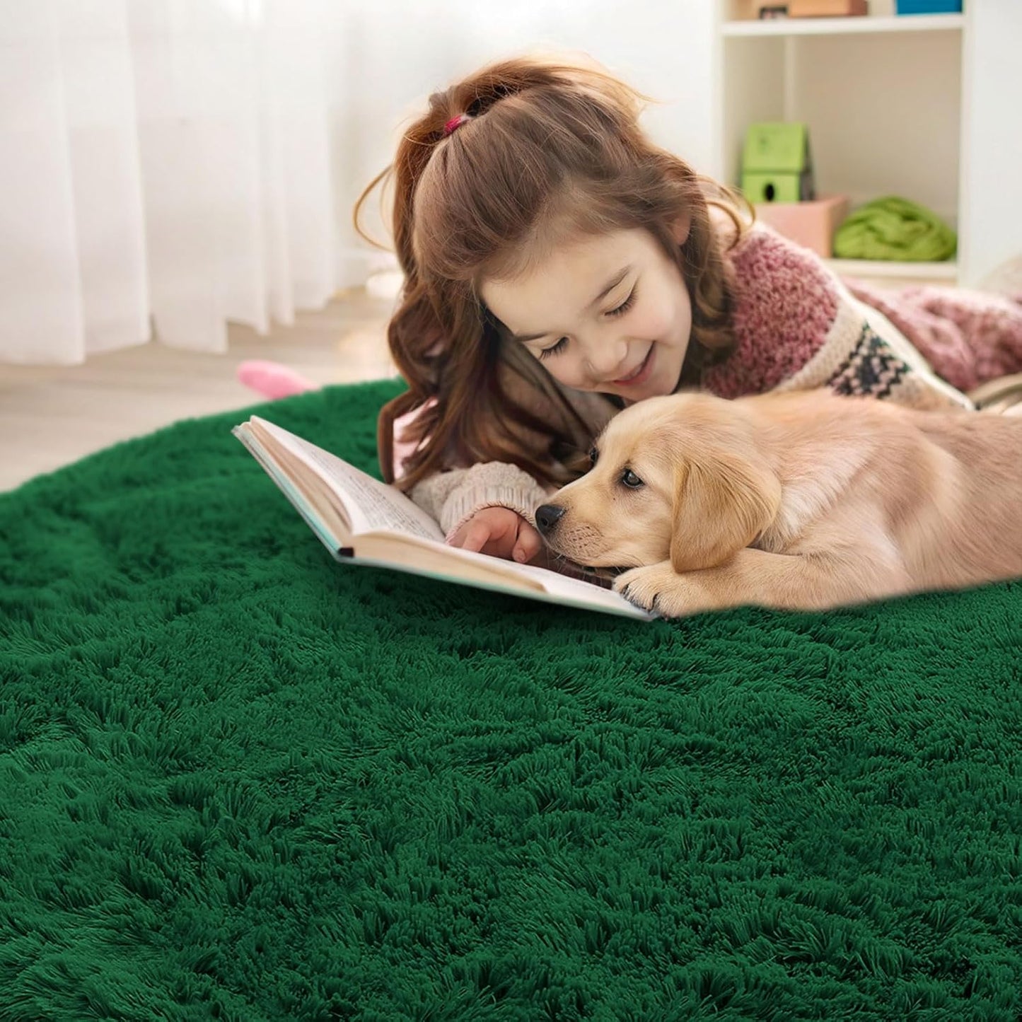 OLANLY Dark Green Round Rug - Soft, Fluffy, Machine Washable 3 ft Circle Area Rug for Bedroom & Living Room