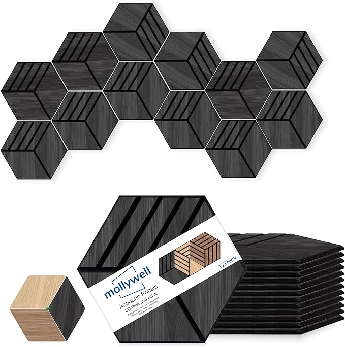 Mollywell Acoustic Panels, PVC Wood-Grain, 14x12 Inch Hexagon Carved Sound Proof Wall Tiles, Self-Adhesive High Density Felt for Home Theater/Studio/Office Echo Reduction, 12 Pack Black Oak, S4
