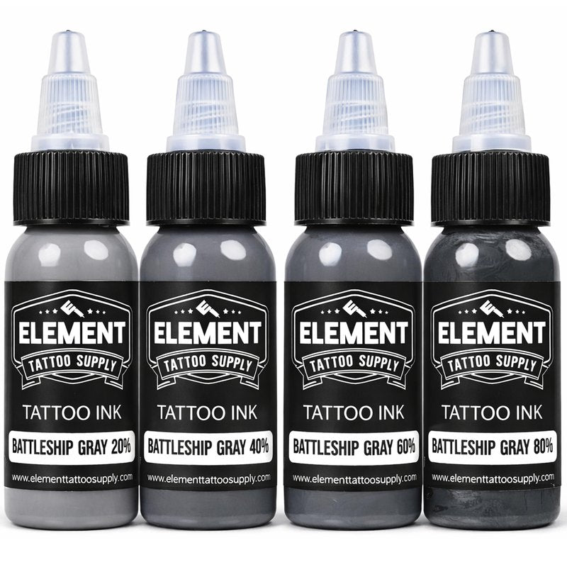 Element Tattoo Supply Battleship Gray Tattoo Ink Set - 4 Shades of Grey, Light, Medium, Medium Dark & Dark Tones, Professional Grade Tattoo Inks for Mixing & Blending, 1 oz Bottle (4 Pack)