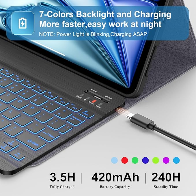 Supveco Keyboard Case for iPad Air 11 Inch (M4 2026,M3 2025,M2 2024),iPad Air 5th/4th Generation with Pencil Holder-7 Colors Backlit Wireless Detachable Folio Keyboard Cover -Black