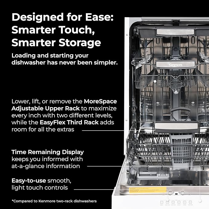 Kenmore 22-14702 18" Compact Built-In Dishwasher - UltraWash Plus, TurboDry, EasyFlex Third Rack & SmartWash - 10 Place Settings - 45 DBA - ENERGY STAR Certified - 18" - White