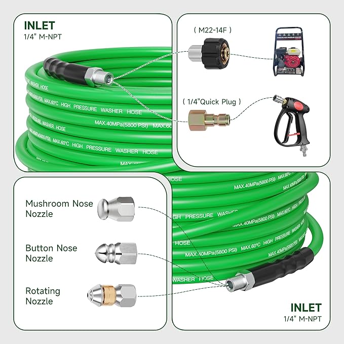 Sewer Jetter Kit for Pressure Washer 50FT â 5800PSI High-Pressure Drain Cleaner, M22 & 1/4'' NPT Universal Fit, Unclog Gutters & Sewer Lines, Durable Jetter Hose for Homeowners & DIYers