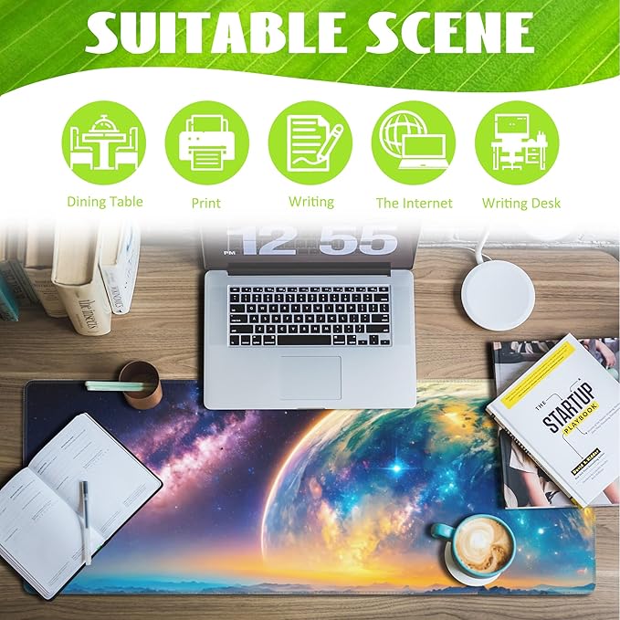 Eflxamz Desk Mat,Galaxy Earth Planet Desk Pad,Science Fiction Cosmic Large Gaming Mouse Pad for Desk,Extended Big Computer Keyboard Mouse Pad with Non-Slip Base and Stitched Edge,31.5"x11.8"