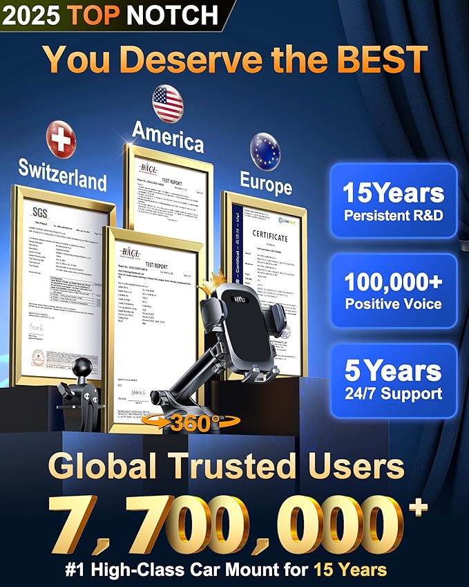 2026 Ultimate Best【True Military-Grade & Safety Cert】Car Phone Holder【Upgraded 360 Rotation & 100+LBS Strongest Suction】5-in-1 Truck Windshield Dashboard Vent Mount Stand for iPhone Android,Deep Black
