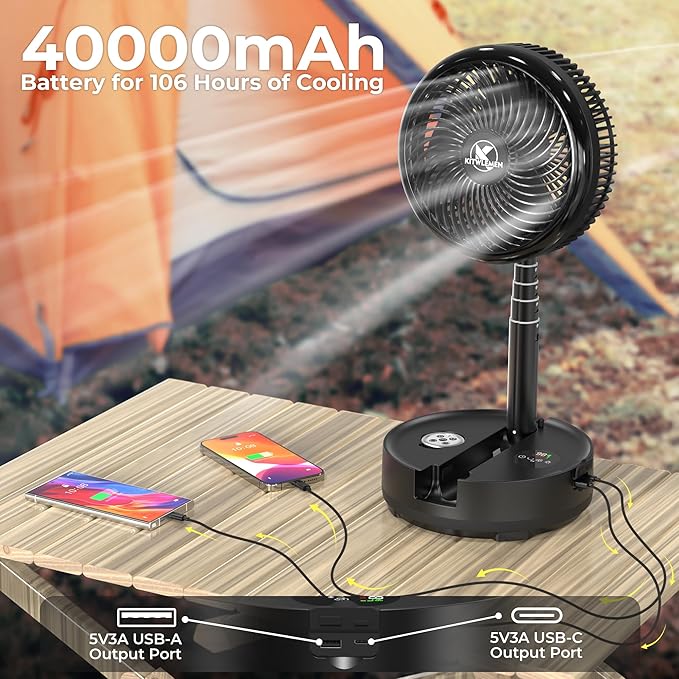 40000mAh Portable Travel Fan, Rechargeable Collapsible Fan, 106H Run, 8 Speeds Standing Oscillating Fan, Battery Powered with Timer & Light for Travel Cruise Essentials RV Outdoor Bedroom Power Outage