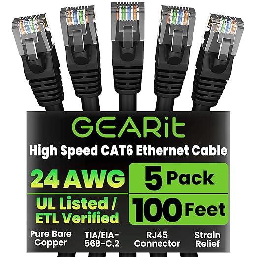 GEARit Cat 6 Ethernet Patch Cable 100 ft Black (5 Pack) Cat6 Patch Cables 100ft Black/Ethernet Patch Cable, 10Gbps 550MHz 24AWG Pure Copper, Snagless, Gold Plated RJ45 for Router, Server, Router, PC
