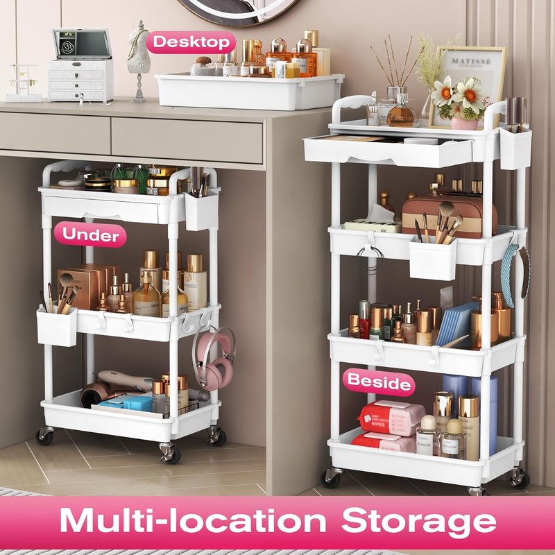 Rolling Makeup Organizer Cart - 4-Tier White Skincare Storage with Removable Drawer | Vanity & Beauty Display