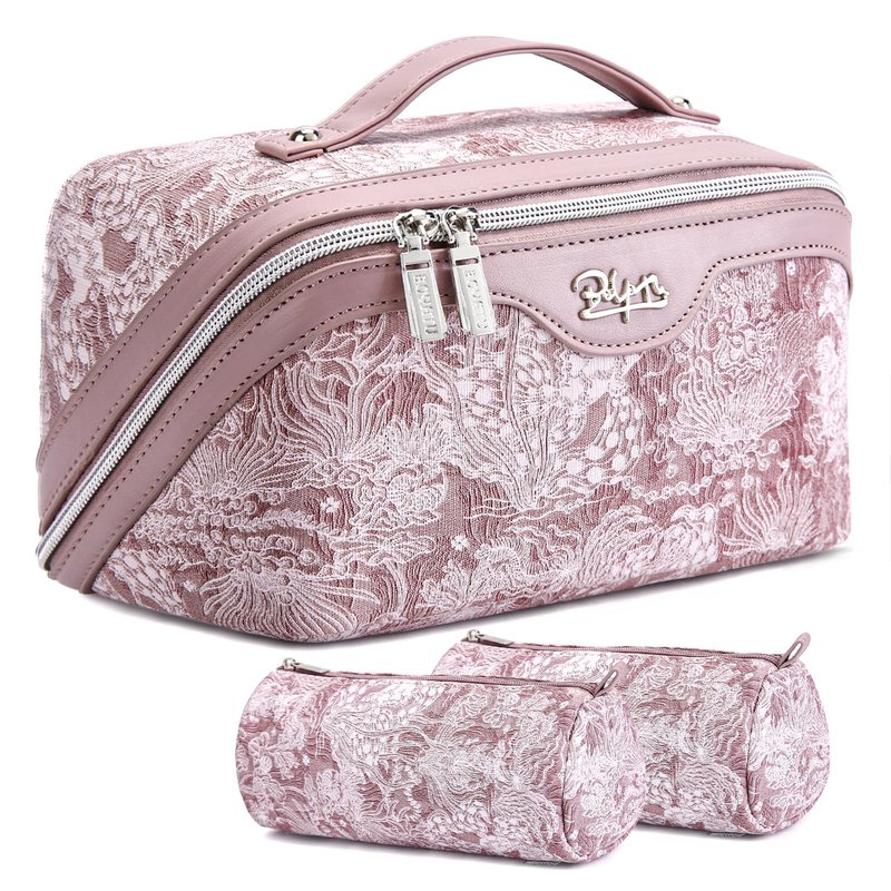 BOYATU Travel Makeup Bag for Women: Large Capacity Make up Bag with Compartments - Vegan Leather Cosmetic Bag set of 3 - Waterproof Toiletry Bag with Handle & Divider(E-1-Purple)