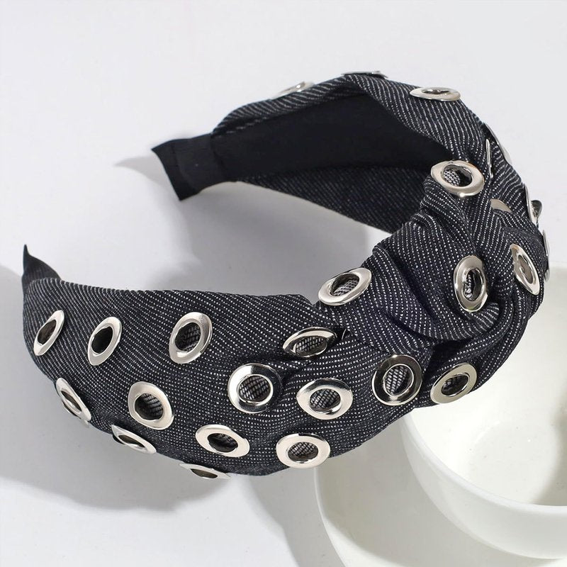 FANSSYA 3-Piece Black Punk Headband Set for Women | Braided Faux Leather, Studded & Denim Knotted Hairbands | Y2K Gothic Grunge Hair Accessories Collection