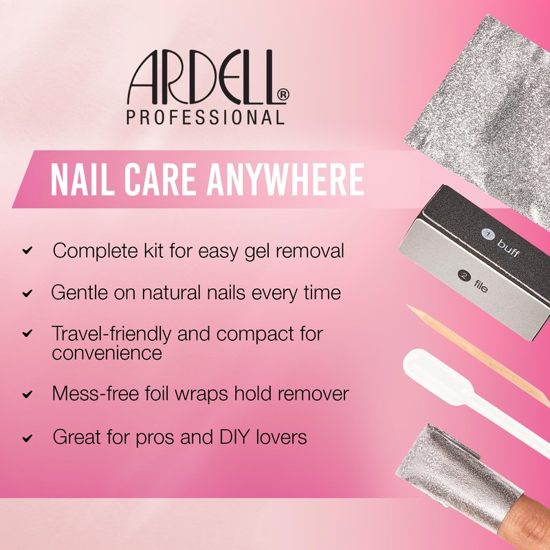 Ardell Gel Nail Polish Remover Kit – Easy At-Home Soak Off Gel for Nails with Foil Nail Wraps, Buffer, Dropper & Stick, 20 Nail Foil Wraps