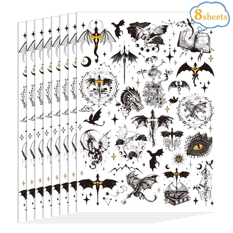 Black Wings Dragon Temporary Tattoos - 200+ Dragon Birthday Party Decorations Favors Supplies Dark Mysterious Ancient Animals Tattoo Stickers for Kids Boys Girls Dragons Goodie Bags Fillers Gifts