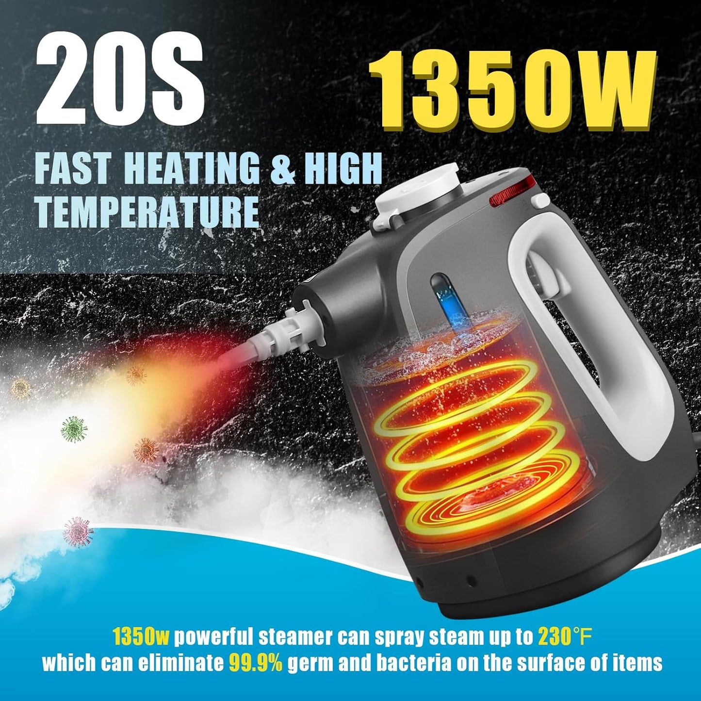 Skiennix Pressurized Handheld Steam Cleaner - 1350W Multi-Purpose Steamer with 14 Accessories | Safe & Portable for Home, Car, and More