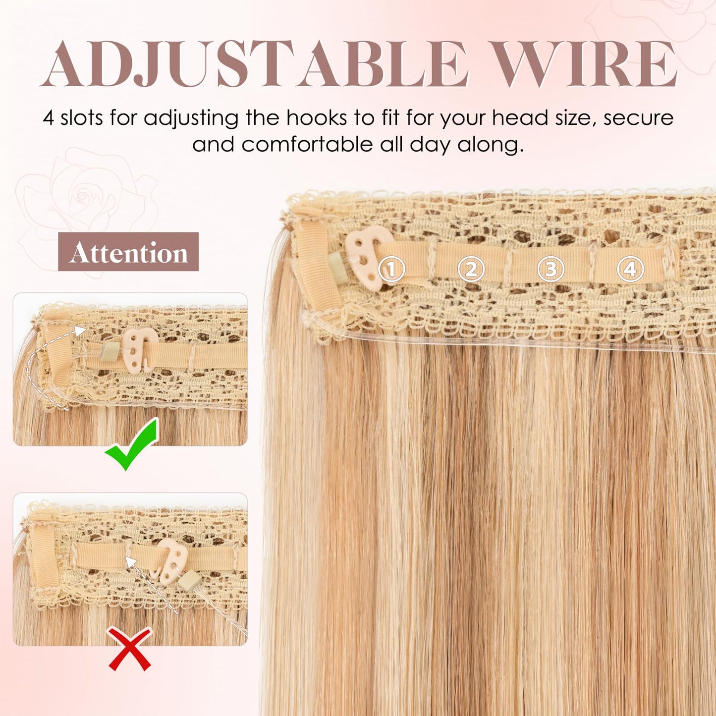 S-noilite Halo Hair Extension Invisible Wire in Real Remy Human Hair Extensions with Clips Adjustable Hidden Wire in Hair Extension for Women 14 inch Camel Bown Highlighted Blonde