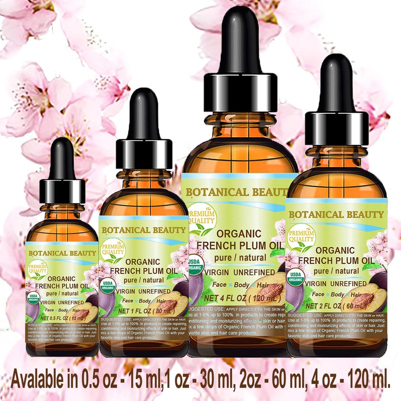 Botanical Beauty Organic French PLUM OIL 100% Pure Natural VIRGIN UNREFINED Cold-Pressed Carrier Oil for Face, Skin, Body, Hair, Lip, Nails. Rich in Vitamin E, Omega 6, Omega 9 (1 Fl Oz)