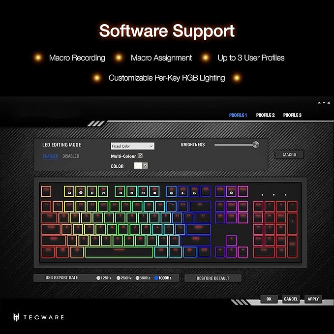 TECWARE Phantom+ 87 Mechanical Gaming Keyboard | RGB LED Backlit | Hot Swappable Wraith Red Switches | 87 Key TKL Layout | Thocky Sound Profile | Detachable USB-C Wired | Black