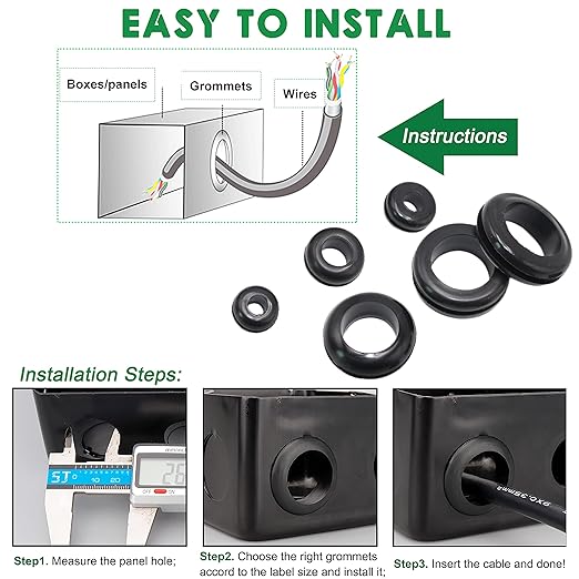 EASYEAH 110 Pcs Rubber Grommets for Wiring - Rubber Grommet Assortment Kit 6 Sizes 5/16 3/8 1/2 5/8 7/8 1 Inch, Cable Hole Plug Firewall Automotive Wire Grommets Set for Sheet Metal, Hardware Repair