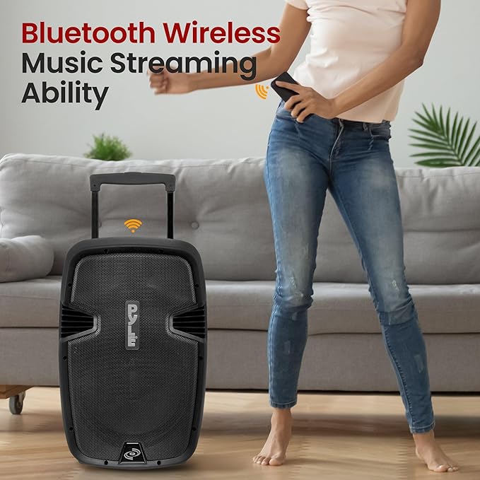 Pyle Portable Bluetooth PA Speaker System - 1000W Wireless Karaoke Loudspeaker with 12” Subwoofer, USB/SD/MP3/FM - Includes Dual UHF Mics, Remote, Rolling Wheels - Ideal for Parties, Events, Outdoors