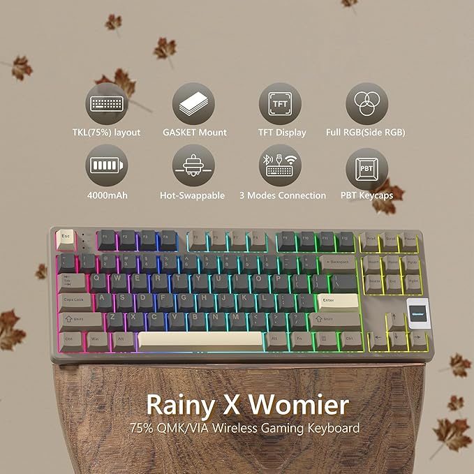 Rainy75 QK87 75% Keyboard with Multimedia Screen, QMK/VIA Wireless Gaming Keyboard, Creamy Mechanical Key Board,3-Mode RGB Custom Gasket Hot Swappable for Windows&Mac, POM Linear Switch (Green Brown)