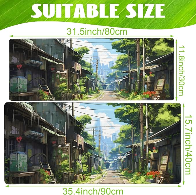 Eflxamz Anime Abandoned Town Desk Mat, Large Gaming Mouse Pad with Non-Slip Base and Stitched Edge, 31.5"x11.8"