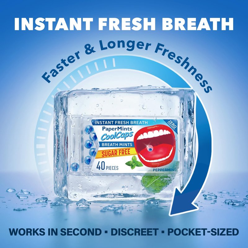 Papermints Coolcaps Liquid Burst Breath Mints. Dual-Action for Instant Fresh Breath + Gut Odor Control – Peppermint Flavor, Sugar Free, 0 Calories, Pocket Size - 4 Pack of 40 pieces - 160 Total