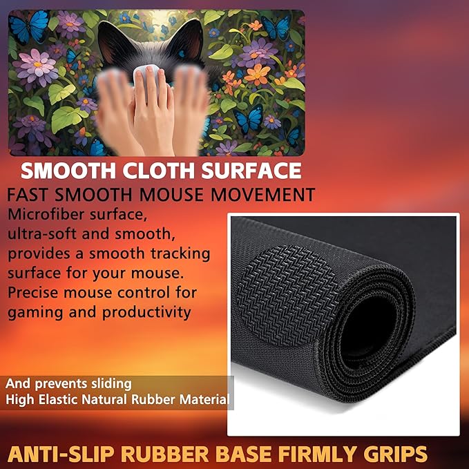 KOAIWPAE Desk Pad, Cute Black Cat Desk Mat, Cat Among Butterfly Flowers Large Gaming Mouse Pad for Desk, 31.5"x15.7" Extended Big Computer Keyboard Mouse Pad with Non-Slip Base and Stitched Edge