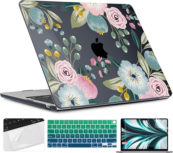 TWOLSKOO for M2 MacBook Air 13.6 Inch Case 2022 A2681 with Touch ID, Plastic Hard Shell Cover Screen Protector & Keyboard Trackpad Film 13 2022, Seamless Floral (A2681 M2)