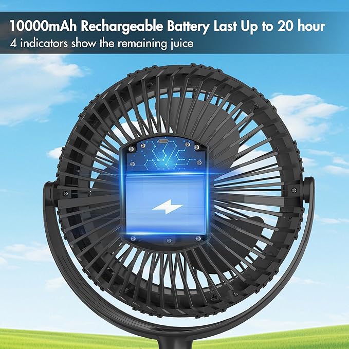 10000mAh Portable Fan with Clip, Rechargeable Clip On Fan with Light & Hook, 3 Strong Airflow & Timer, Battery Powered, Clamp On Desk Fan for Travel Outside Camping Sleep Bedroom Office RV Hurricane