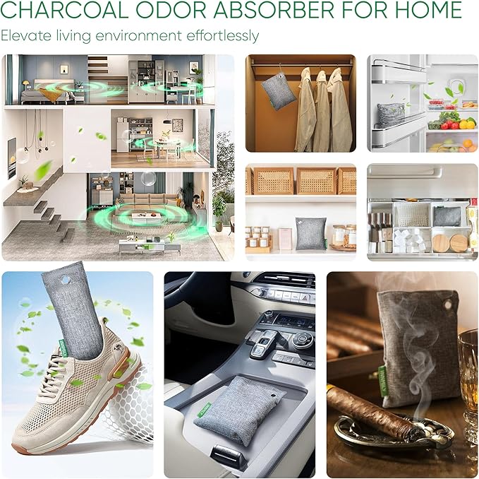 Innmily Activated Charcoal Odor Absorber, Odor Eliminator for Strong Odor,Bamboo Charcoal Air Purifying Bags for Shoe Home Car Closet Pet, Sneaker Deodorizer, Smoke Room Deodorizer(8 x 60g)