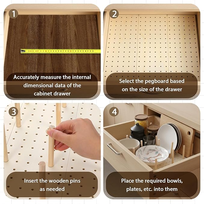 6 Pcs Wood Pegboard Drawer Organizer with 48 Pegs, Wooden Peg Board Drawer Shelf Organizer Adjustable Peg Drawers Organizers for Kitchen Dishes Plate Pegboard Food Containers(17x5.91, Wood)