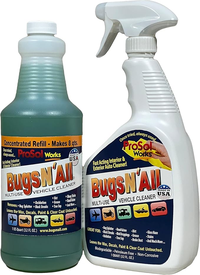 Bugs Nâ All Multipurpose Car Cleaner & Degreaser - Bug & Tar Remover Concentrate 32 oz - Exterior Cleaner Safe for Car Paint, Metal, Chrome, Aluminum, Windows & Mirrors - w/Free 32 oz Spray Bottle