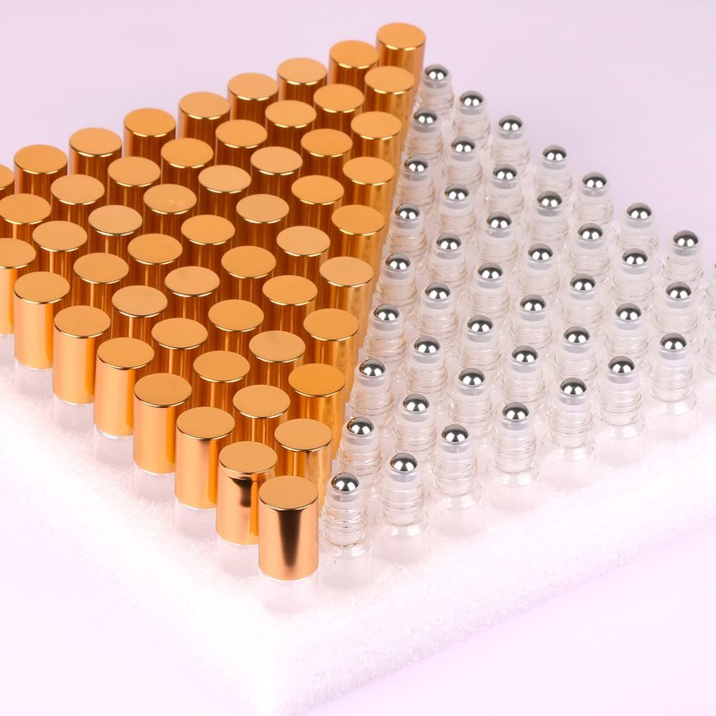 MaxMau Pack of 100,5ml Clear Glass Roll on Bottle Essential Oil Roller Bottles with Stainless Steel Roller Balls and Golden Painted Lids for Daily Aromatherapy Sample Test Travel