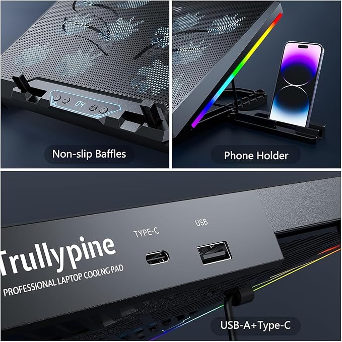 Trullypine Laptop Cooling Pad with 12 Quiet Fans, Slim Portable for 12-17.3 Inch Laptop Cooler Stand, RGB Lighting, with 5 Height Adjustable, Gaming Cooling Fan Pad,Two USB Ports, Phone Holder (LCD)