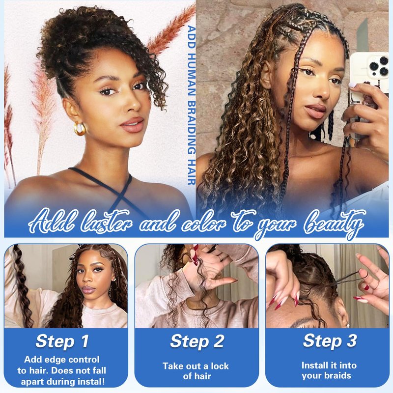 Human Braiding Hair for Boho Braids 18Inch 120g 12A Deep Water Wave Braiding Hair for Curly Boho Hair Braiding Knotless Bulk Bohemian Natural Black