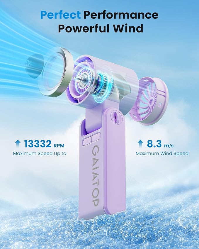 Gaiatop Portable Handheld Turbo Fan, 15 Hrs Cooling, 180° Foldable 4-in-1 Hand Held Fans, 6-Speed (1-100) Personal Mini Handheld Fans, Small Portable Fan for Travel Working Outdoor, Women Gifts Purple