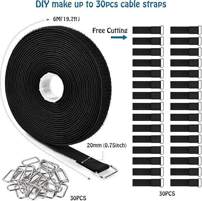 Nettbe 0.75"x19.7ft Hook and Loop Straps with 30 Buckles Adjustable Cut-to-Length Cable Ties - Reusable Nylon Fastening Tape Cable Straps for Storage or Organization (0.75in x 19.7ft)