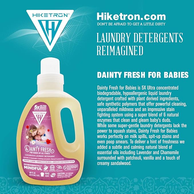 Hiketron Dainty Fresh For Babies Liquid Laundry Detergent, 5x Ultra Concentrated, Tough Stains Remover, Long Lasting Scent (80 Fl Oz, Pack of 2)