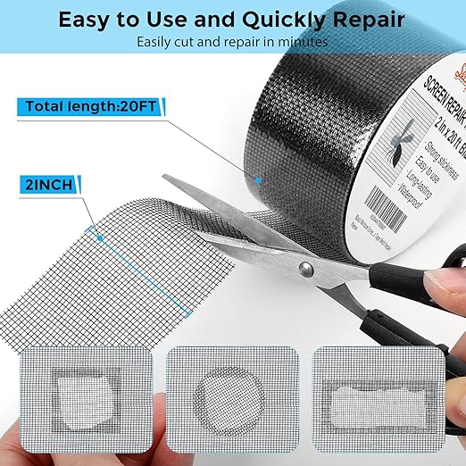 Secopad Black Window Screen Repair Tape, 2IN X 20FT Screen Repair Kit for Windows or Doors, Strong Adhesive Fiberglass Mesh Patch Tape