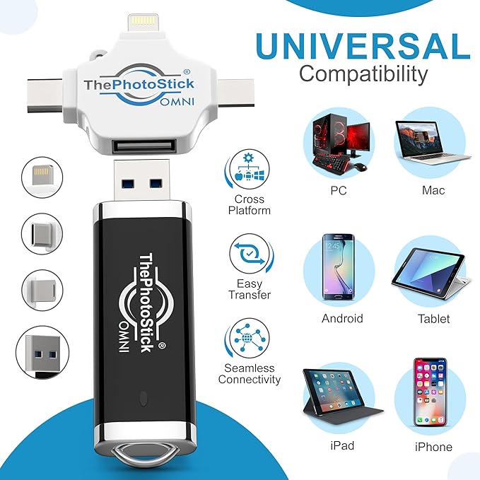 ThePhotoStick® Omni 128GB USB Flash Drive & Memory Stick – Automatic Photo & Video Backup for iPhone, Android, Mac & PC – Multiport Connection to Easily Store & Transfer Files