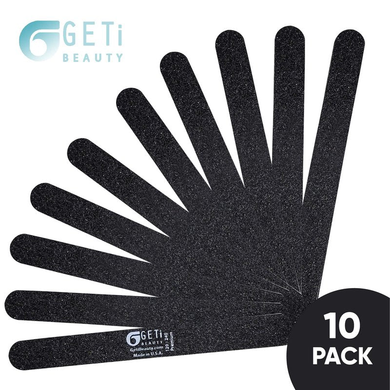Nail File 180 grit / 180 grit | Natural,Gel or Acrylic | Washable and Reusable | Black Emery Cushion | 10-Pack by Geti Beauty | U.S.A. Made