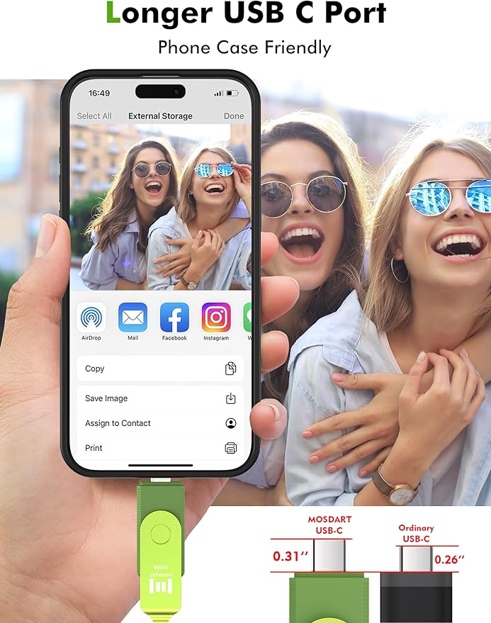 MOSDART 512GB USB C 3.2 Fast Speed C and A Dual Flash Drive, exFAT Memory Stick with Keychain and LED Indicator, for iPhone 15,16,17, Android Phone, iPad, MacBook, and Other Laptops, Green