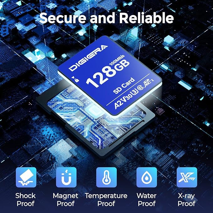 DIGIERA 128GB CS100 SDXC UHS-I Memory Card - up to 100MB/s, C10, U3, V30, 4K UHD, SD Card for Computers, Digital Cameras, Home Theatre Devices, Car Navigation Systems (1 Pack)