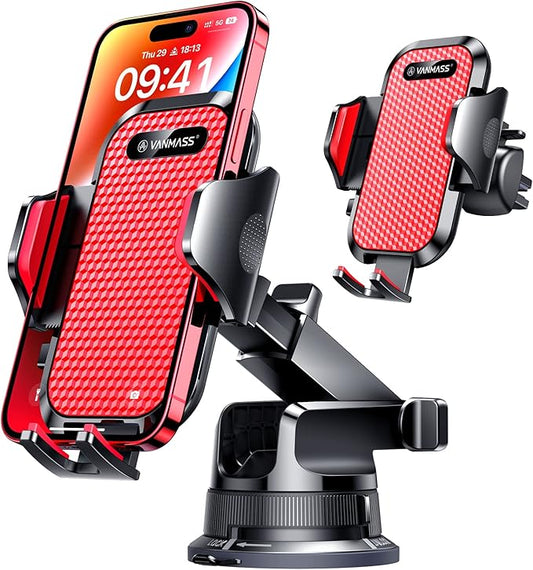 VANMASS [Pro Version] Universal Car Phone Mount [Super Suction Cup] Dashboard Phone Holder, Handsfree Windshield Dash Vent Phone Holder Car, Compatible for iPhone 17 16 15 14 Samsung LG & Truck,Red
