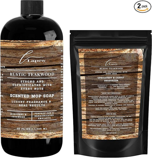 Lapew Rustic Teakwood Scented Cleaning Bundle | Carpet Deodorizer Powder (16 oz) & Mop Soap Concentrate (36 oz) | Pet-Friendly Odor Eliminator
