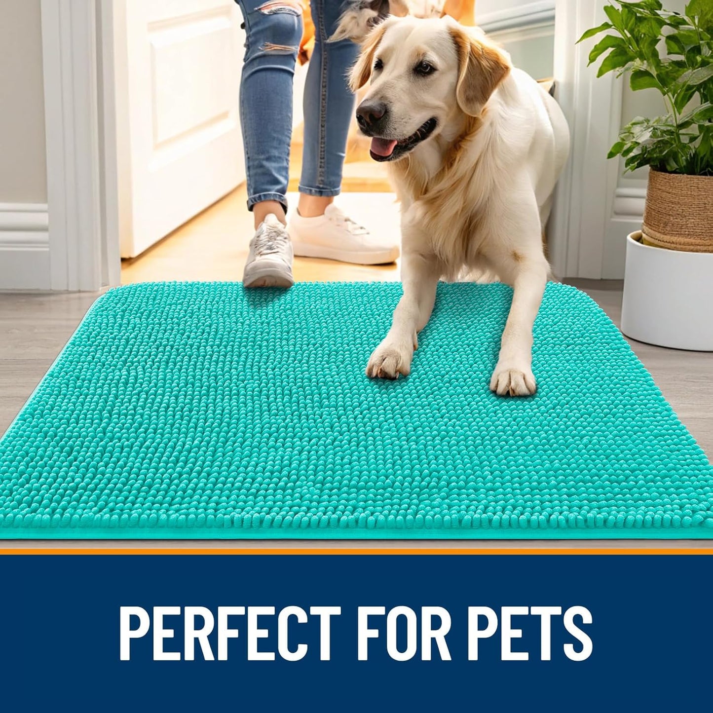 OLANLY Dog Door Mat - Absorbent Non-Slip Chenille Mat for Muddy Paws | 54x32, Quick Dry, Teal