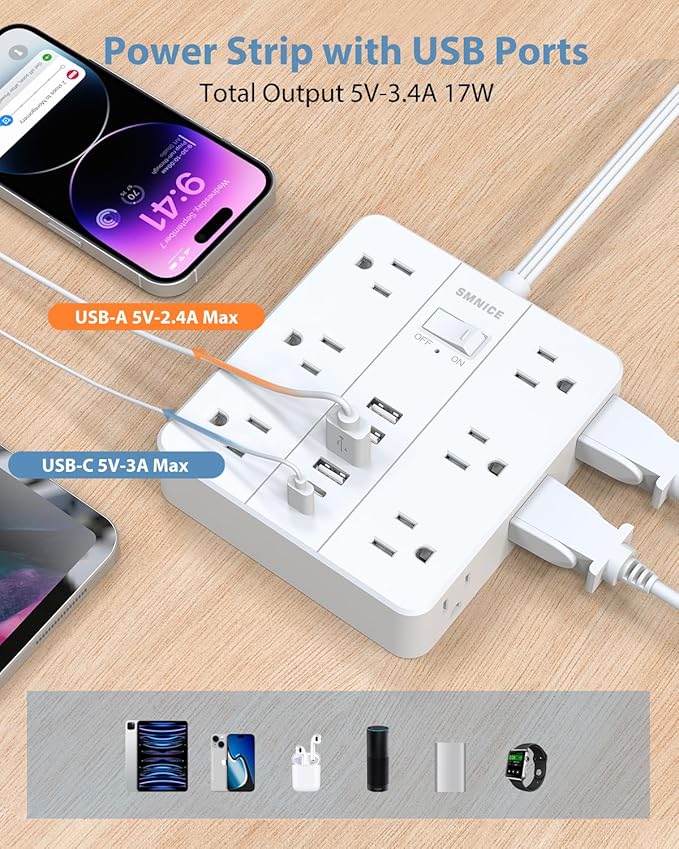 Power Strip 15 Ft Extension Cord, 12 Widely Spaced Outlets 6 USB (2 USB C) Ports, Ultra Thin Flat Plug Power Strip for Home, Office, Dorm Room Essentials