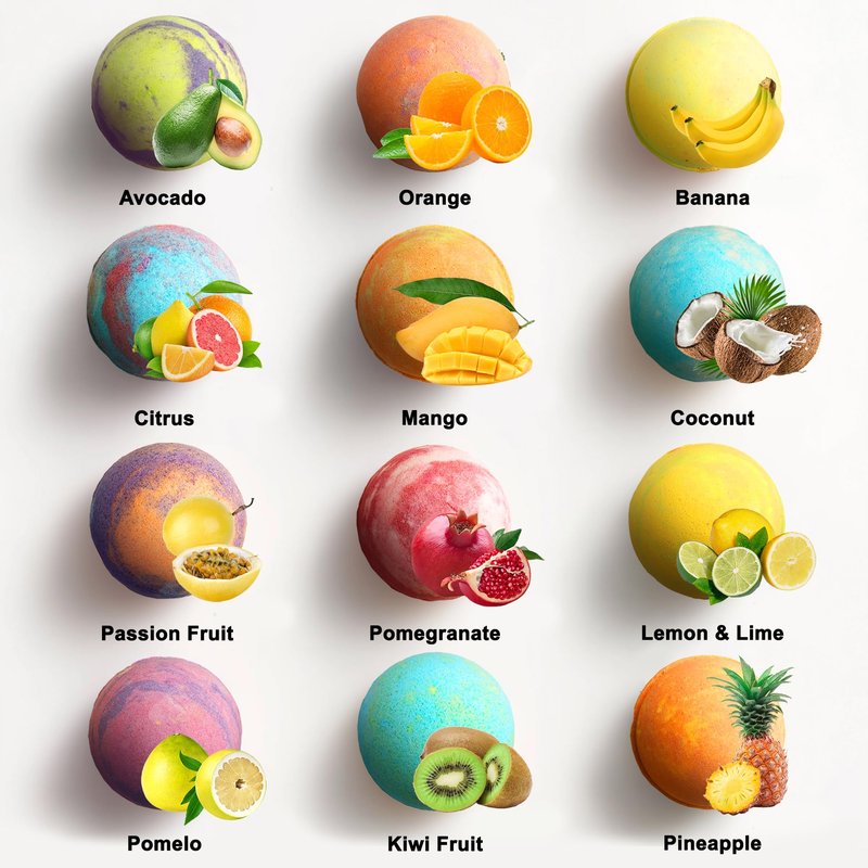 Aqua Elegante Tropical Fruit Bath Fizzies Set - 12 Large Bubble Bathbombs with Natural Essential Oils and Moisturizing Shea Butter + Coconut Oil in Fruity Scents - Vegan Baths Bomb Gifts for Women