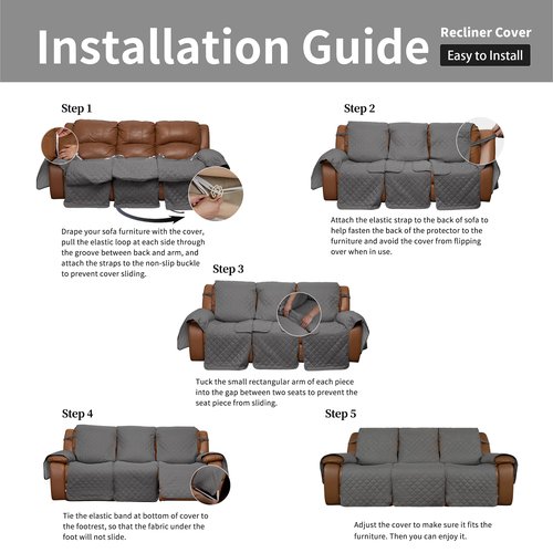 Easy-Going Recliner Sofa Cover, Reversible Couch Cover for 3 Seat Recliner, Split Sofa Cover for Each Seat, Furniture Protector with Elastic Straps for Dogs, Pets(3 Seater, Gray/Light Gray)
