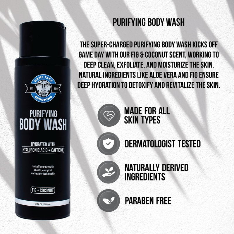 Game Face Grooming Body Wash – Men’s 12 Fl Oz Shower Gel | Cleanses, Exfoliates, And Hydrates Your Skin And Face| Plant Based And Sulfate Free | Fig & Coconut Scent